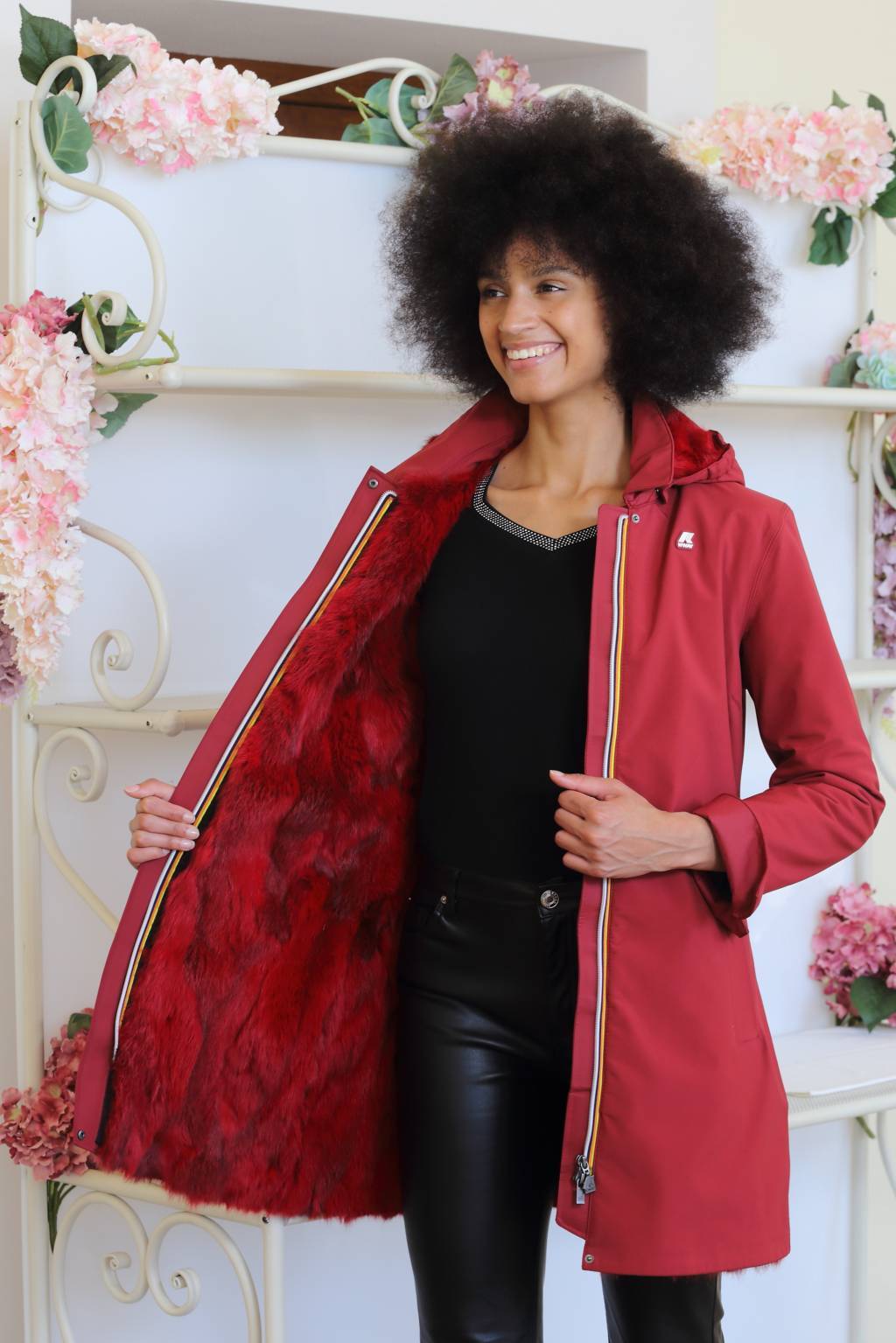 K-way Furbe modello Mathi Bonded Jersey colore rosso con ritagli in lapin tinto